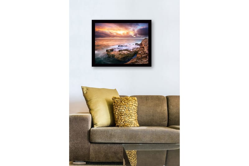 Kehystetty puutaulu canvasille - 41x56 cm - Upea auringonlasku meren yllä kalliomuodostelmien edessä - Oranssi / Sininen / Harmaa - Sisustustuotteet - Taulu & taide