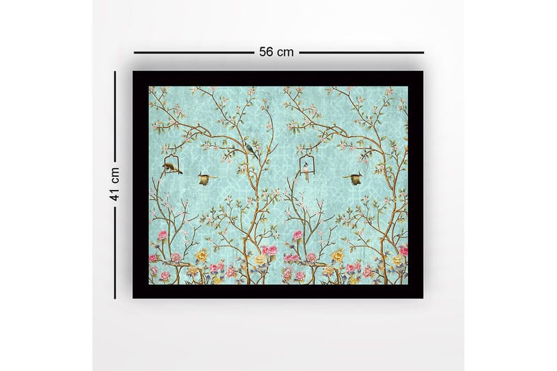 Kehystetty puukangas - 41x56 cm - Värikäs sommitelma linnuista ja kukista rehevässä ympäristössä - Sininen / Vaaleanpunainen / Vihreä - Sisustustuotteet - Taulu & taide