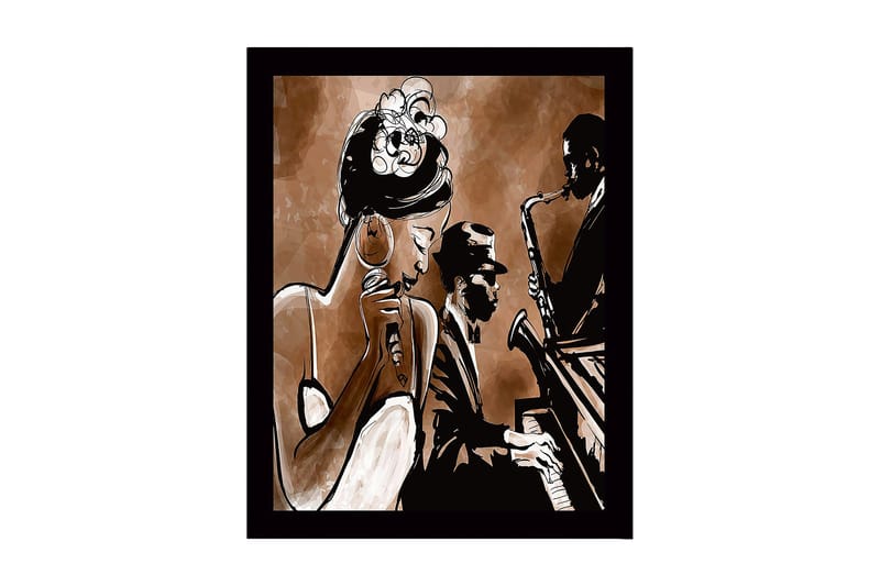 Kehystetty puukangas - 41x56 cm - Musiikkiesitys laulajan ja muusikon kanssa, Tummanruskea / Beige / Musta