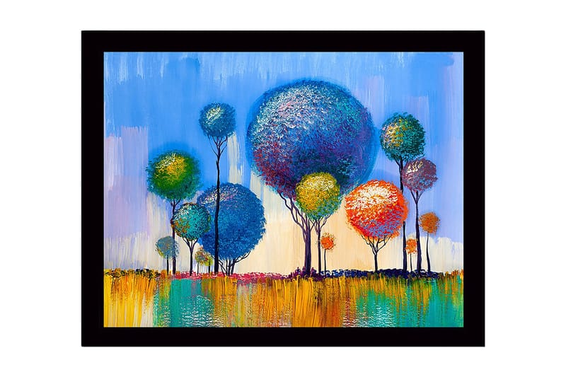 Kehystetty puutaulu canvasille - 41x56 cm - Värikkäitä puita eloisassa maisemasommitelmassa - Sininen / Vihreä / Oranssi - Sisustustuotteet - Taulu & taide