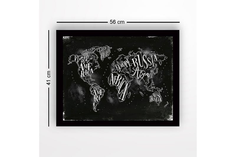 Kehystetty puutaulu canvasille - 41x56 cm - Maailmankartta käsinkirjoitetuilla mantereiden ja maiden nimillä - Musta / Valkoinen - Sisustustuotteet - Taulu & taide