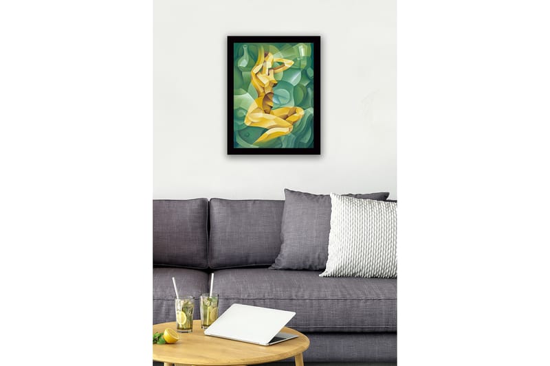 Kehystetty puucanvas - 41x56 cm - Abstrakti naisen hahmo kurvikkaassa sommitelmassa - Vihreä / Keltainen / Vaaleanvihreä - Sisustustuotteet - Taulu & taide