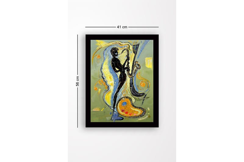 Kehystetty puutaulu canvasille - 41x56 cm - Muusikko soittaa saksofonia värikkäillä keinuilla ympärillä - Musta / Keltainen / Sininen - Sisustustuotteet - Taulu & taide