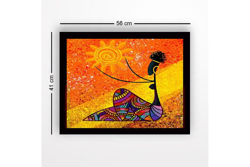 Kehystetty puutaulu canvas-taululla - 41x56 cm - Nainen pitelee aurinkoa värikkäillä kuvioilla - Oranssi / Musta / Keltainen - Sisustustuotteet - Taulu & taide