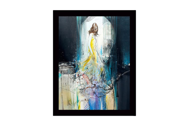 Kehystetty puinen canvas-taulu - 41x56 cm - Elegantti nainen keltaisessa mekossa liikkuu unenomaisessa ympäristössä, Keltainen / Sininen / Musta