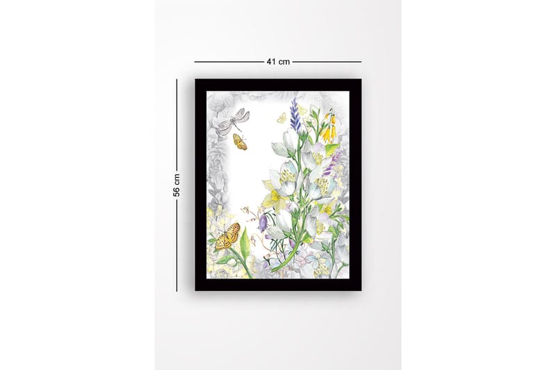 Kehystetty puukangas - 41x56 cm - Kukkasommitelma perhosilla ja hyönteisillä - Valkoinen / Keltainen / Vihreä - Sisustustuotteet - Taulu & taide