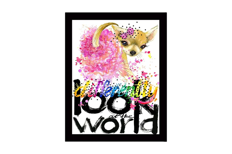 Kehystetty puutaulu canvasille - 41x56 cm - Söpö chihuahua värikkäällä taustalla ja inspiroivalla tekstillä, Vaaleanpunainen / Musta / Keltainen