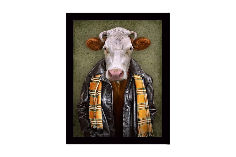Kehystetty puucanvas - 41x56 cm - Pukeutunut lehmä nahkatakissa ja huivissa, Musta / Oranssi / Vihreä