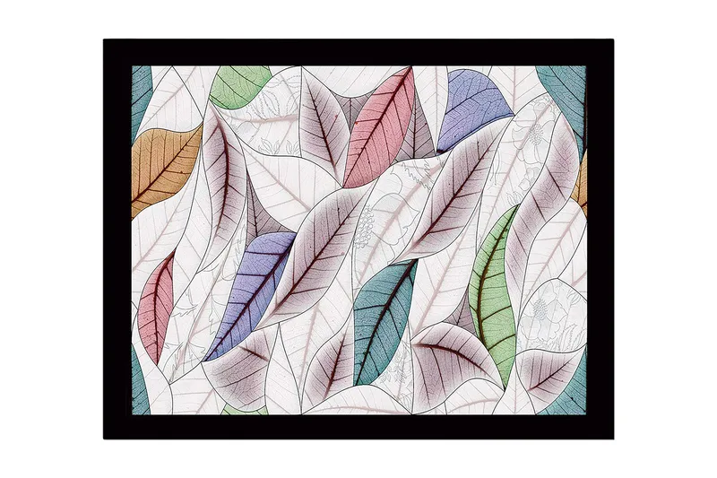 Kehystetty puupohja - 41x56 cm - Värikkäät lehdet harmonisessa sommitelmassa, Vihreä / Vaaleanpunainen / Sininen