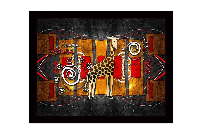 Kehystetty puutaulu canvasille - 41x56 cm - Kirahvi värikkäässä, abstraktissa sommitelmassa, Kulta / Punainen / Musta