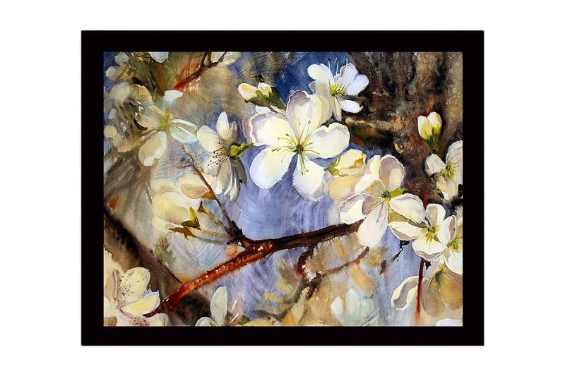 Kehystetty puutaulu canvasille - 41x56 cm - Kukkivat kirsikanoksat pehmeissä pastelliväreissä, Valkoinen / Vaaleansininen / Vihreä