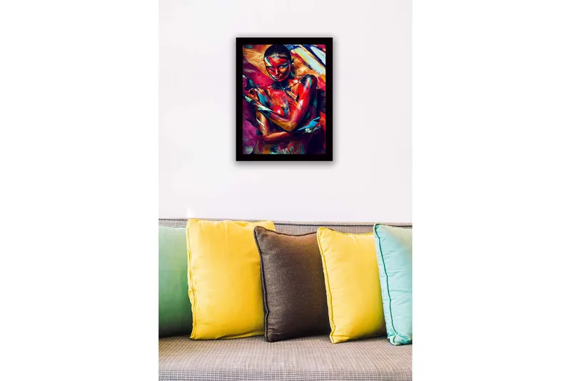 Kehystetty puukangas - 41x56 cm - Värikäs vartalomaalaus naisesta, joka ilmaisee tunteita liikkeen ja värin kautta - Punainen / Sininen / Keltainen - Sisustustuotteet - Taulu & taide