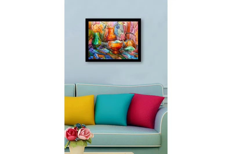Kehystetty puutaulu canvasille - 41x56 cm - Hiljaisuus värikkäillä astioilla ja kukilla - Vihreä / Oranssi / Sininen - Sisustustuotteet - Taulu & taide