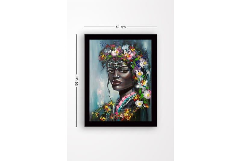 Kehystetty puucanvas - 41x56 cm - Muotokuva naisesta, jolla on kukkia hiuksissaan - Musta / Vihreä / Vaaleanpunainen - Sisustustuotteet - Taulu & taide