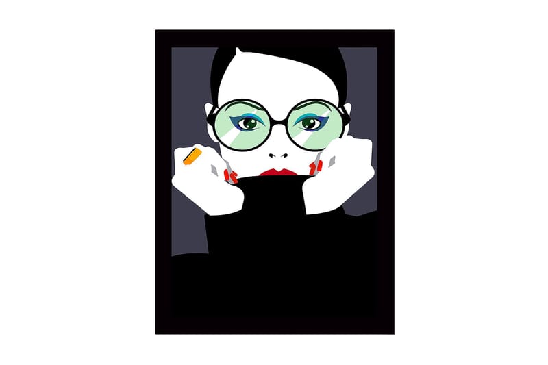 Kehystetty puinen canvas-taulu - 41x56 cm - Muotokuva naisesta, jolla on suuret silmälasit ja punainen huulipuna, Musta / Valkoinen / Vihreä