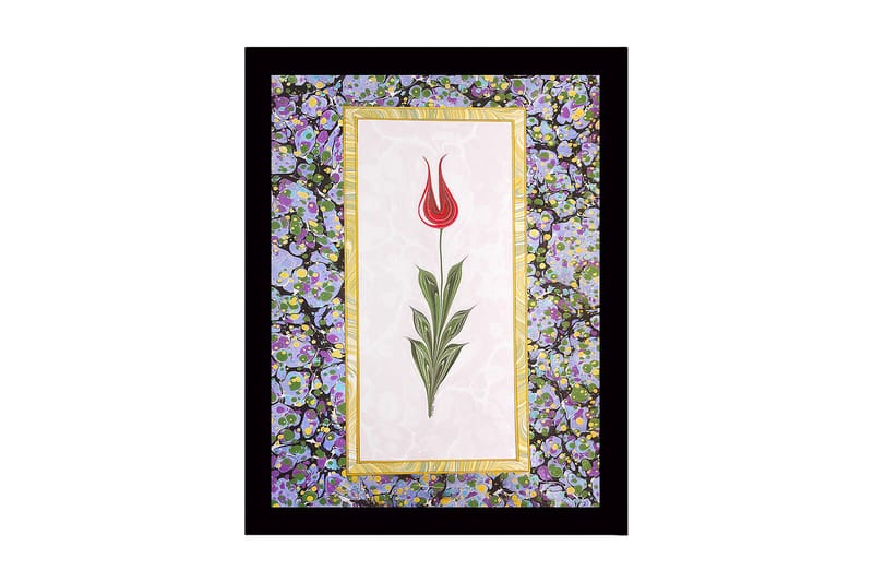 Kehystetty puutaulu canvasille - 41x56 cm - Punainen tulppaani vihreillä lehdillä vaalealla taustalla, Punainen / Vihreä / Violetti