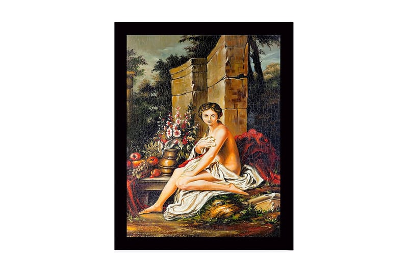 Kehystetty puucanvas - 41x56 cm - Alaston nainen istuu kukkien ja hedelmien kanssa luonnonkauniissa ympäristössä, Ihonväri / Vihreä / Punainen
