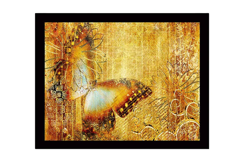 Kehystetty puukangas - 41x56 cm - Kimalteleva perhonen kultaisessa ympäristössä, Kulta / Ruskea / Sininen