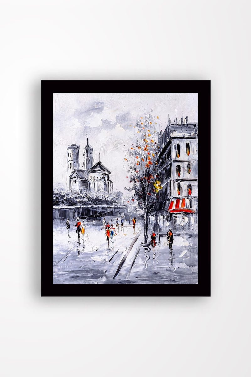 Kehystetty puucanvas - 41x56 cm - Vilkas kaupunkikuva ja ihmisiä kävelemässä syksyisessä ympäristössä - Harmaa / Oranssi / Punainen - Sisustustuotteet - Taulu & taide