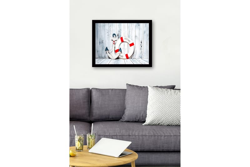 Kehystetty puutaulu canvasille - 41x56 cm - Ankkuri ja pelastusrengas tervetulotoivotuksella - Valkoinen / Punainen / Sininen - Sisustustuotteet - Taulu & taide