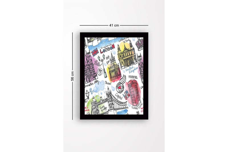 Kehystetty puinen canvas-taulu - 41x56 cm - Kuvitettu Lontoon kartta kuuluisine maamerkkeineen ja symboleineen - Punainen / Sininen / Violetti - Sisustustuotteet - Taulu & taide