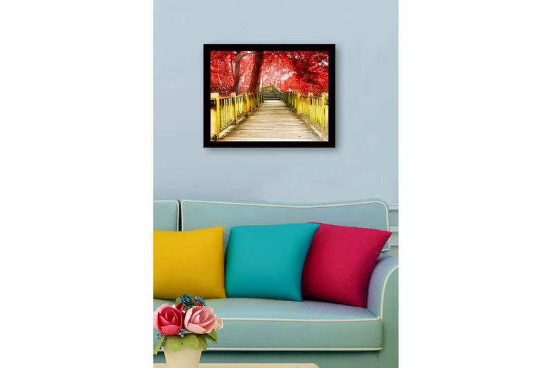 Kehystetty puutaulu canvasille - 41x56 cm - Kaunis puinen silta punaisten puiden ympäröimänä syksyisessä ympäristössä - Punainen / Keltainen / Ruskea - Sisustustuotteet - Taulu & taide
