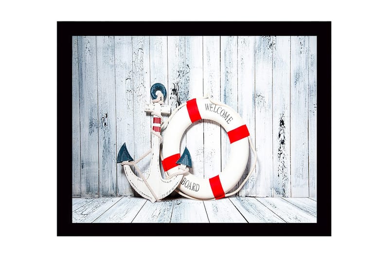 Kehystetty puutaulu canvasille - 41x56 cm - Ankkuri ja pelastusrengas tervetulotoivotuksella, Valkoinen / Punainen / Sininen