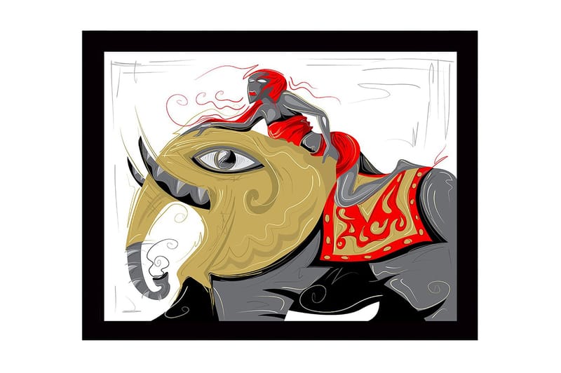 Kehystetty puinen canvas-taulu - 41x56 cm - Norsu ja sen selässä ratsastava punapukuinen nainen, Kulta / Punainen / Musta