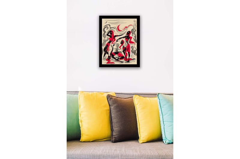 Kehystetty puukangas - 41x56 cm - Dynaaminen sommitelma, jossa kolme liikkuvaa hahmoa - Punainen / Musta / Beige - Sisustustuotteet - Taulu & taide