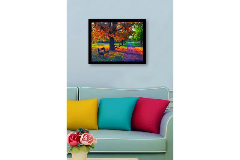 Kehystetty puutaulu canvasille - 41x56 cm - Kaunis syysmaisema värikkäillä puilla ja penkeillä puistossa - Oranssi / Vihreä / Ruskea - Sisustustuotteet - Taulu & taide