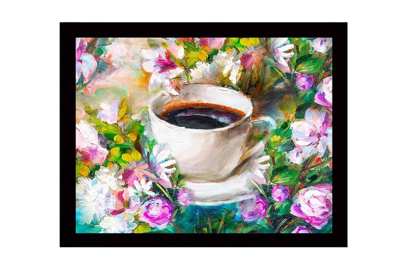 Kehystetty puutaulu canvasille - 41x56 cm - Kuppi kahvia värikkäiden kukkien ympäröimänä, Violetti / Vihreä / Valkoinen