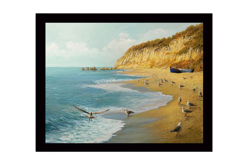 Kehystetty puutaulu canvasille - 41x56 cm - Rantamaisema lokkeilla ja veneellä rannikolla, Sininen / Beige / Vihreä