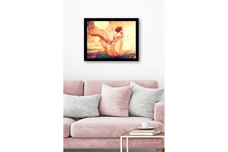 Kehystetty puinen canvas-taulu - 41x56 cm - Tanssiva nainen hulmuavassa mekossa syksyn lehtien ympäröimänä - Vaaleanpunainen / Oranssi / Kulta - Sisustustuotteet - Taulu & taide