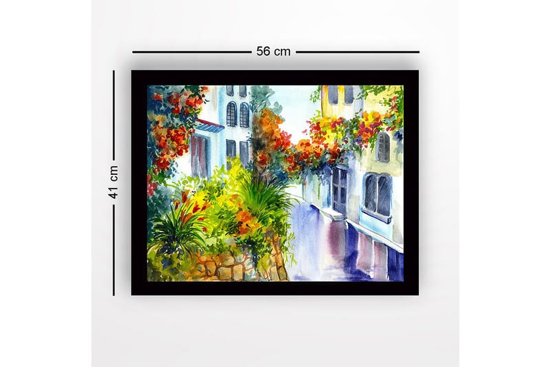 Kehystetty puutaulu canvas-taululla - 41x56 cm - Värikäs katu kukkivien kasvien ja talojen julkisivujen kanssa - Vihreä / Punainen / Keltainen - Sisustustuotteet - Taulu & taide