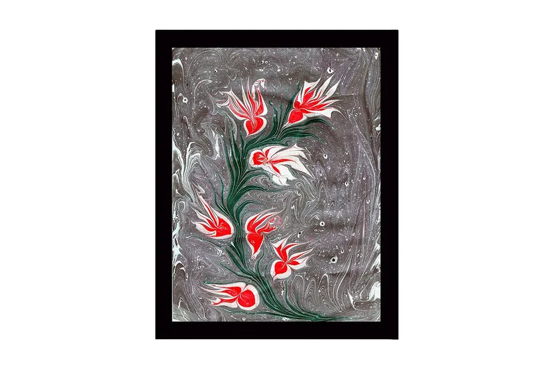 Kehystetty puutaulu canvasille - 41x56 cm - Kukkiva oksa punaisilla ja valkoisilla kukilla, Punainen / Valkoinen / Harmaa