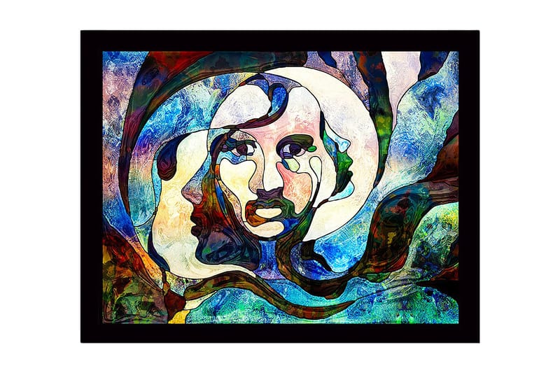 Kehystetty puukangas - 41x56 cm - Abstrakti muotokuva, jossa kasvot sulautuvat yhteen, Sininen / Vihreä / Punainen