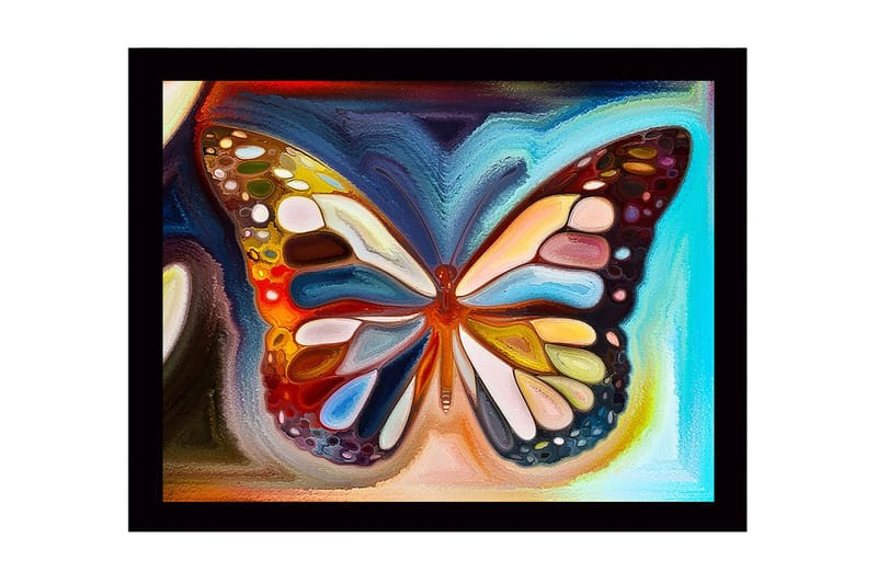 Kehystetty puutaulu canvasille - 41x56 cm - Värikäs perhonen yksityiskohtaisilla kuvioilla, Sininen / Oranssi / Keltainen