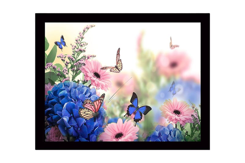 Kehystetty puutaulu canvasille - 41x56 cm - Värikäs kokoelma kukkia ja lennossa olevia perhosia, Sininen / Vaaleanpunainen / Vihreä