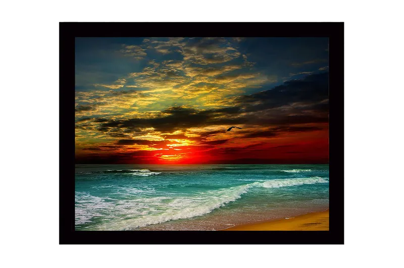 Kehystetty puutaulu canvasille - 41x56 cm - Kaunis auringonlasku meren yllä dramaattisilla pilvimuodostelmilla, Tummanpunainen / Turkoosi / Kultainen