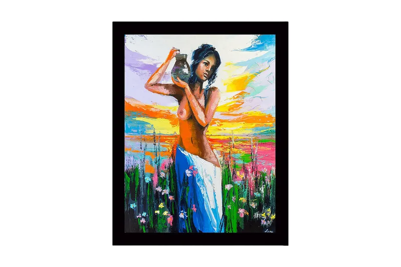 Kehystetty puucanvas - 41x56 cm - Nainen kantaa ruukkua värikkäässä maisemassa, Oranssi / Vihreä / Sininen