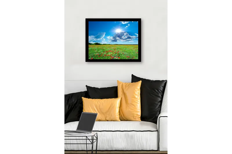 Kehystetty puutaulu canvasille - 41x56 cm - Kukkiva niitty punaisilla unikoilla ja valkoisilla kukilla kirkkaan sinisen taivaan alla - Vihreä / Punainen / Valkoinen - Sisustustuotteet - Taulu & taide