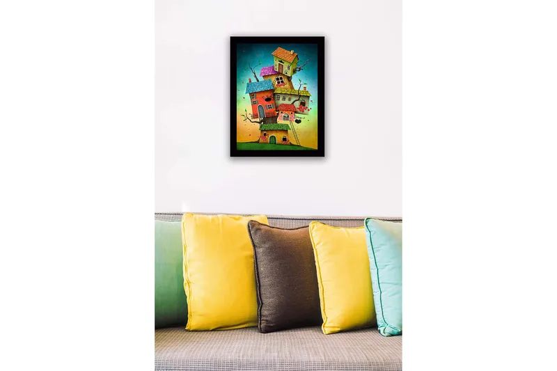 Kehystetty puutaulu canvasille - 41x56 cm - Mielikuvituksellinen rakennus useilla värikkäillä taloilla päällekkäin - Punainen / Vihreä / Sininen - Sisustustuotteet - Taulu & taide