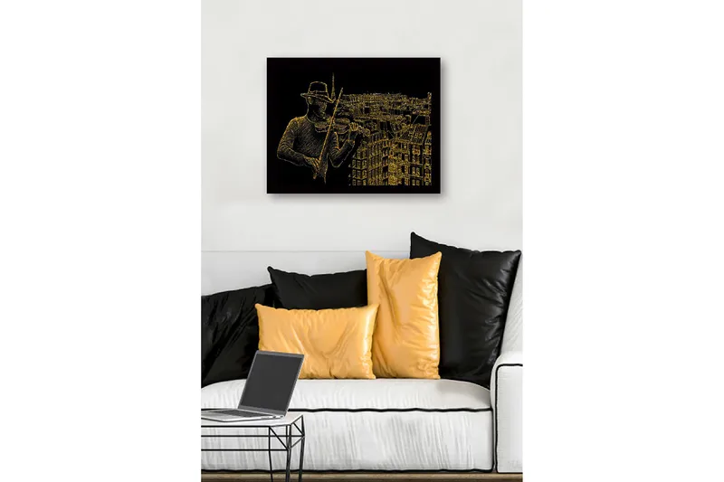 Kehystetty puutaulu canvasille - 41x56 cm - Muusikko soittaa viulua kaupungin siluetin taustalla - Kulta / Musta - Sisustustuotteet - Taulu & taide
