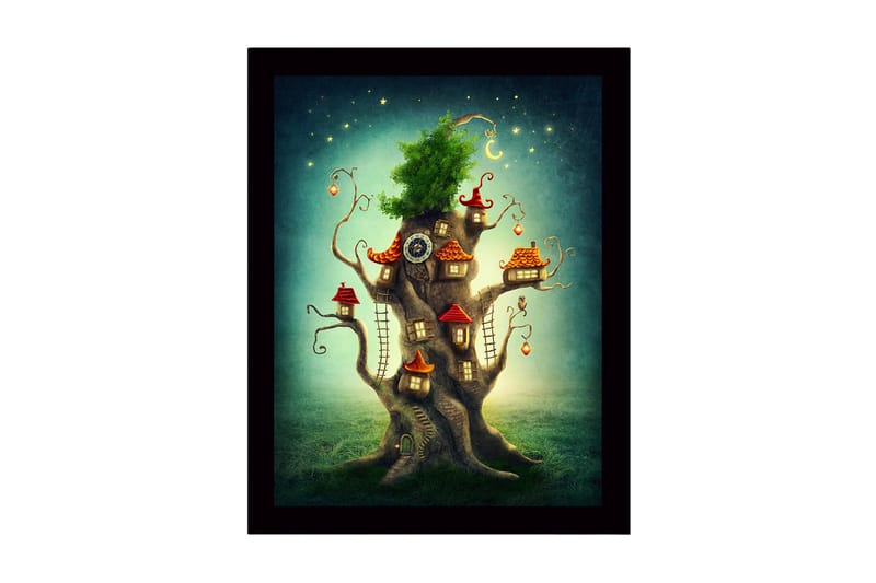Kehystetty puutaulu canvasille - 41x56 cm - Mielikuvituksellinen puu pienine taloineen ja rehevine latvuksineen, Vihreä / Ruskea / Punainen