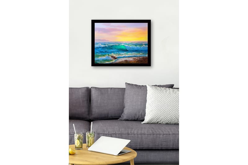 Kehystetty puinen canvas-taulu - 41x56 cm - Upea merinäköala aaltojen lyödessä rannalla - Turkoosi / Sininen / Oranssi - Sisustustuotteet - Taulu & taide