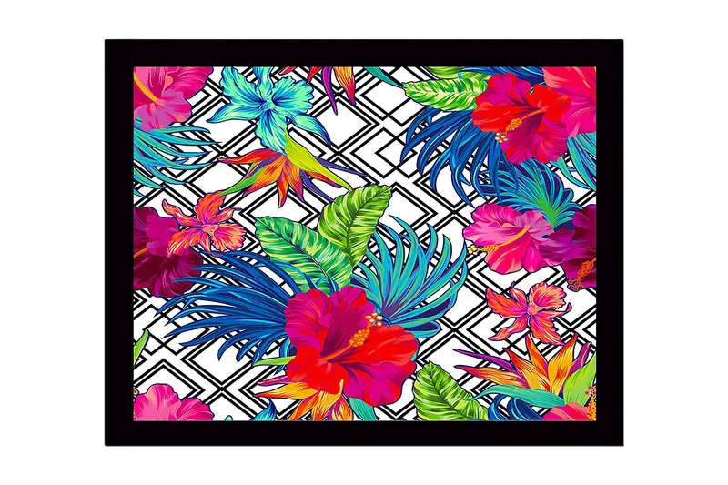 Kehystetty puutaulu canvasille - 41x56 cm - Värikäs trooppinen kukka-asetelma hibiskuksella ja lehdillä, Punainen / Vihreä / Sininen