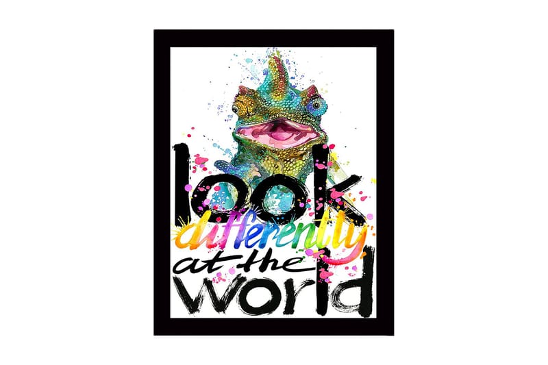 Kehystetty puutaulu canvasille - 41x56 cm - Värikäs kameleontti inspiroivalla tekstillä, Vihreä / Vaaleanpunainen / Keltainen