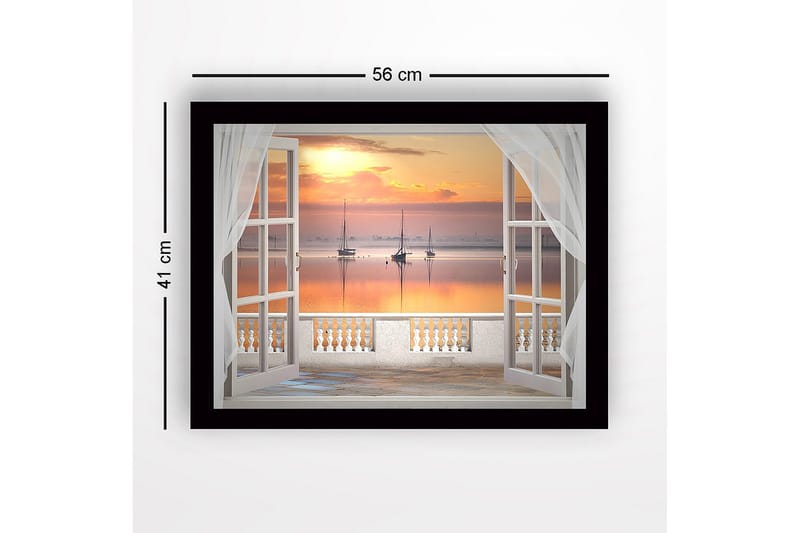 Kehystetty puinen canvas-taulu - 41x56 cm - Kaunis näkymä purjeveneistä auringonlaskun aikaan avoimen ikkunan läpi - Oranssi / Vaaleanpunainen / Sininen - Sisustustuotteet - Taulu & taide