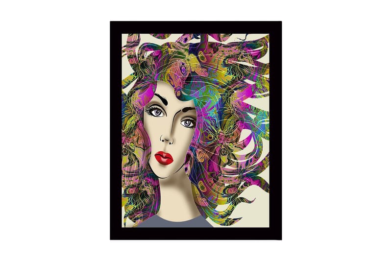 Kehystetty puinen canvas-taulu - 41x56 cm - Muotokuva naisesta, jolla on värikkäät, hulmuavat hiukset, Violetti / Vihreä / Vaaleanpunainen