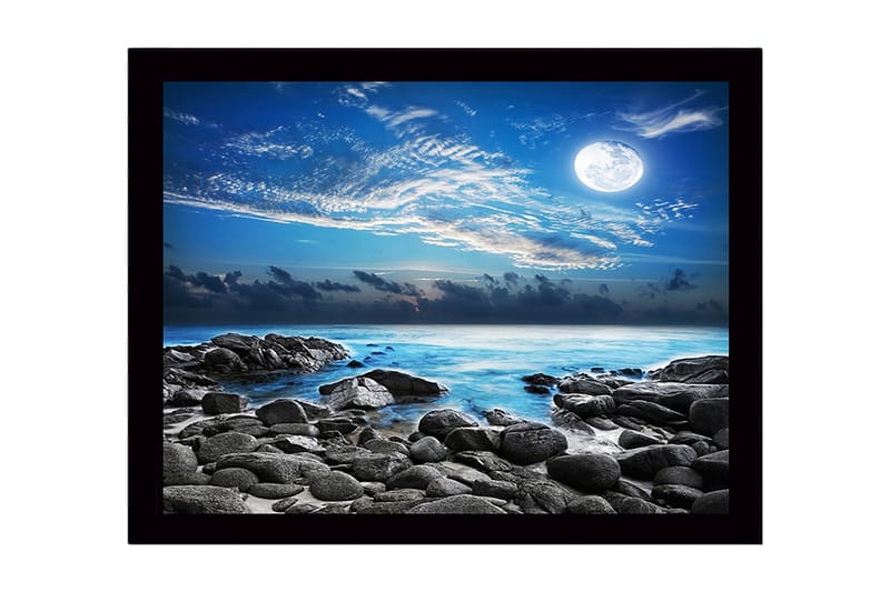 Kehystetty puucanvas - 41x56 cm - Tunnelmallinen merimaisema kuulla ja kivillä, Sininen / Harmaa / Valkoinen